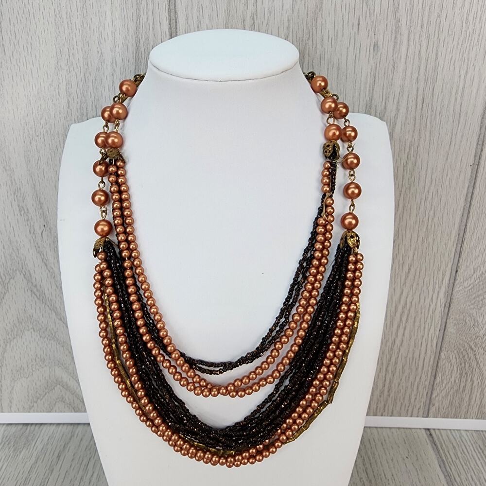 Copper Brown Seed Bead Necklace 10” Multi Strand Layered Office Quiet Elegance